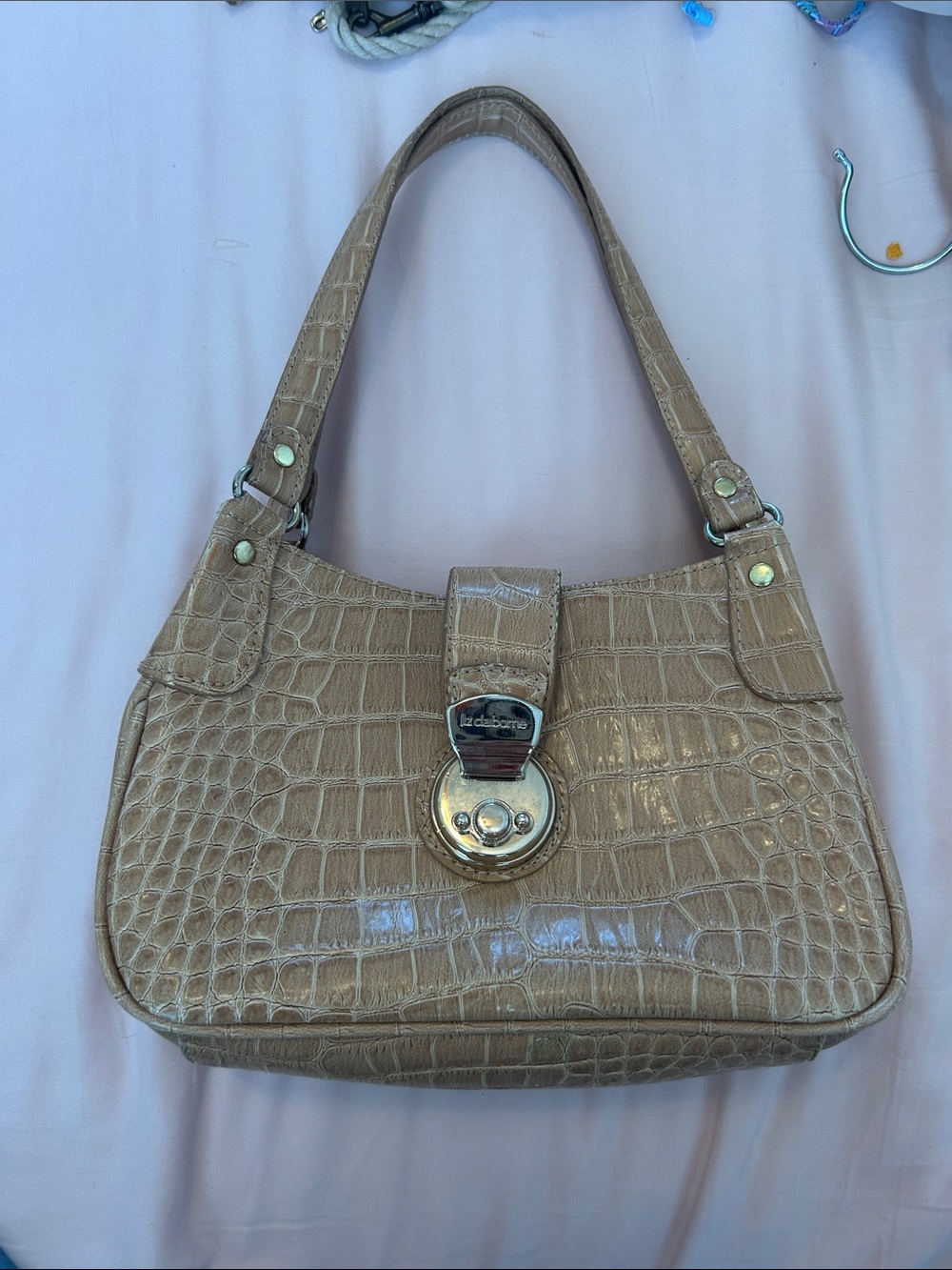 Liz Claiborne Taupe Croc-Embossed Shoulder Bag with Silver-Tone Hardware